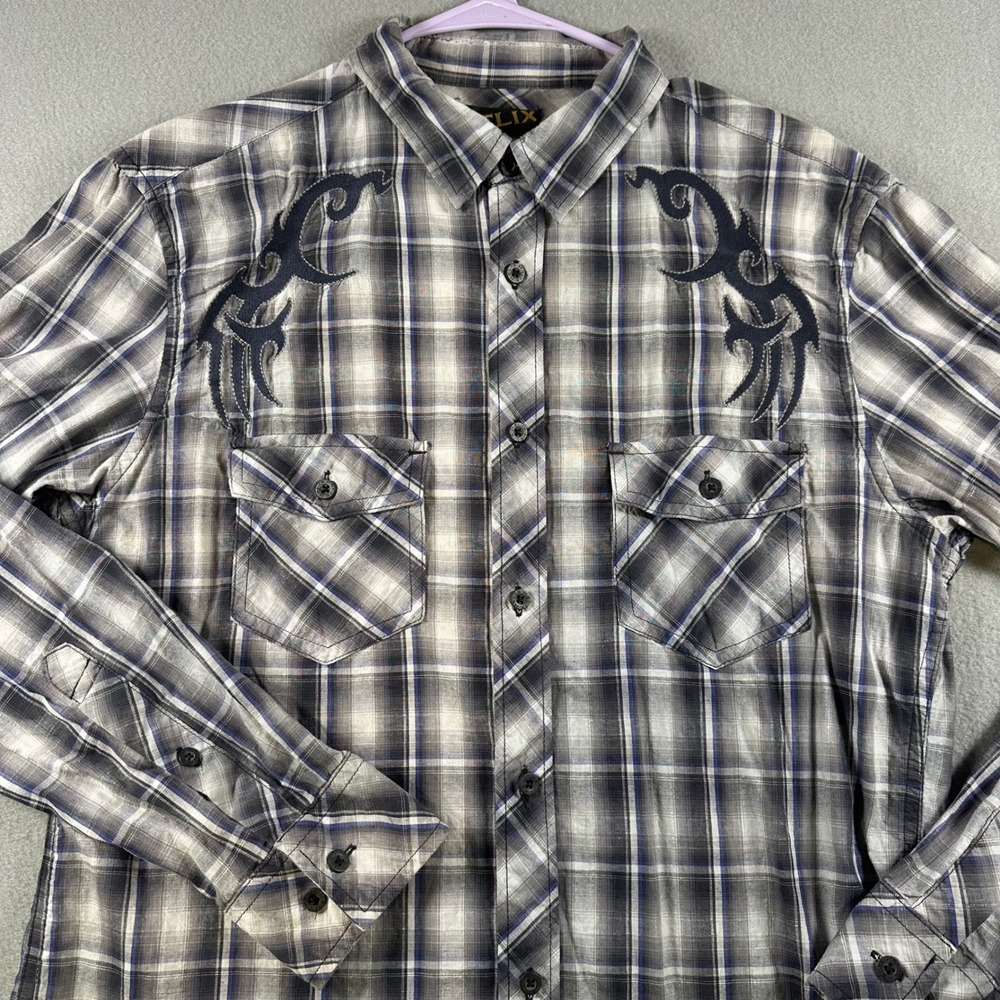 Helix Plaid Button Down affliction style Tribal Embroidery Roll Tab Medium Y2K